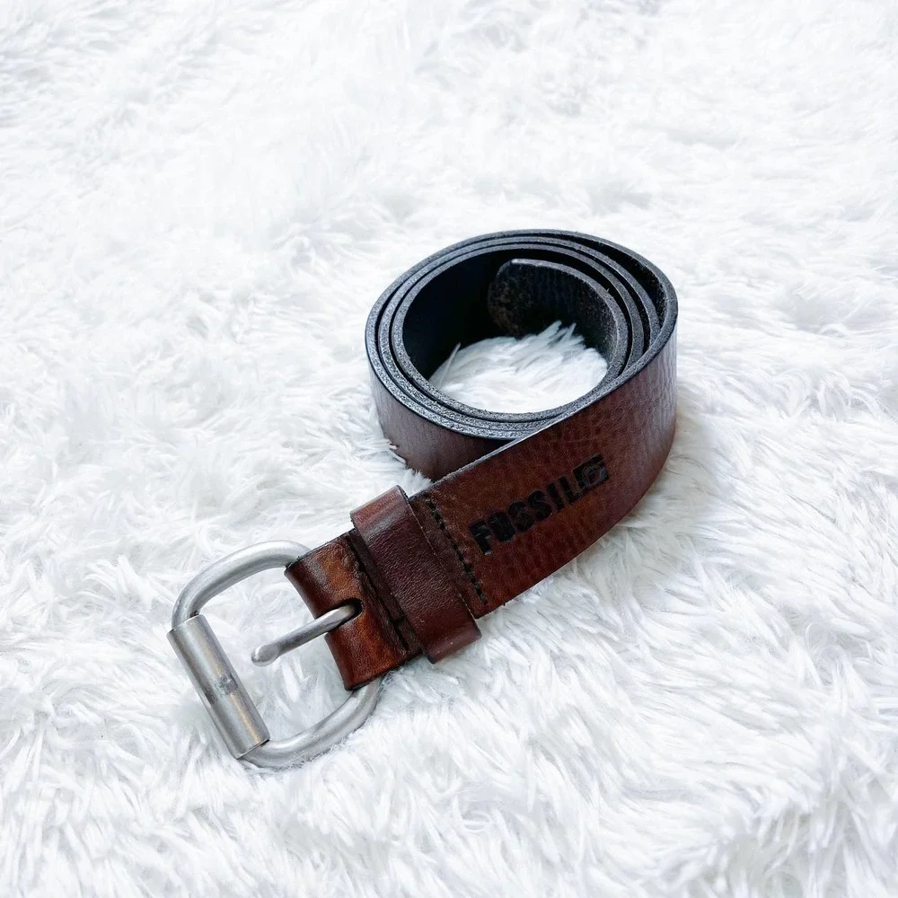 Fossil Brown Leather Belth with Silver Open Buckle Detailing